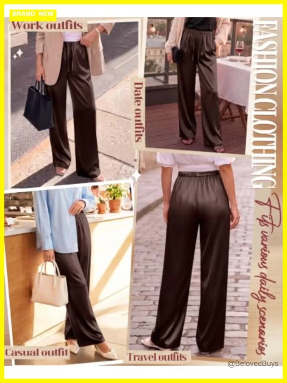 Satin Wide Leg Pants with Pockets Elastic Waist Drawstring Flowy Trousers